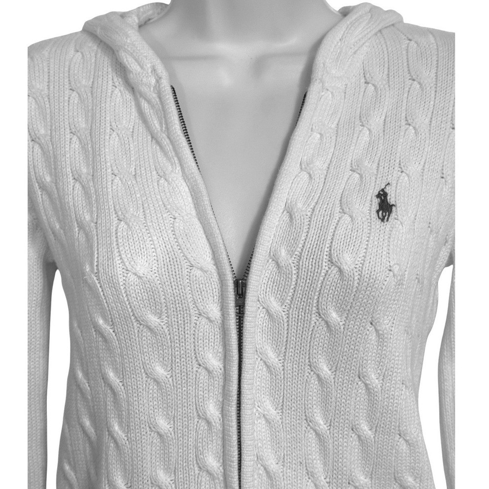 🆕 RALPH LAUREN SPORT White Cable Knit Full Zip Hooded Sweater Pink Pony Logo S - Picture 3 of 8